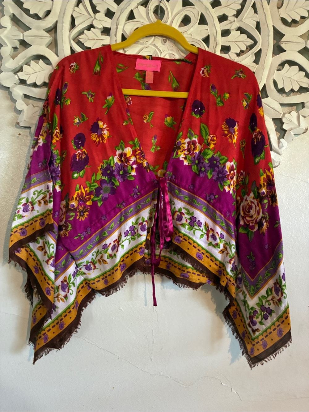 Betsey Johnson Floral Tie-Front Poncho - Red, Purple & Gold